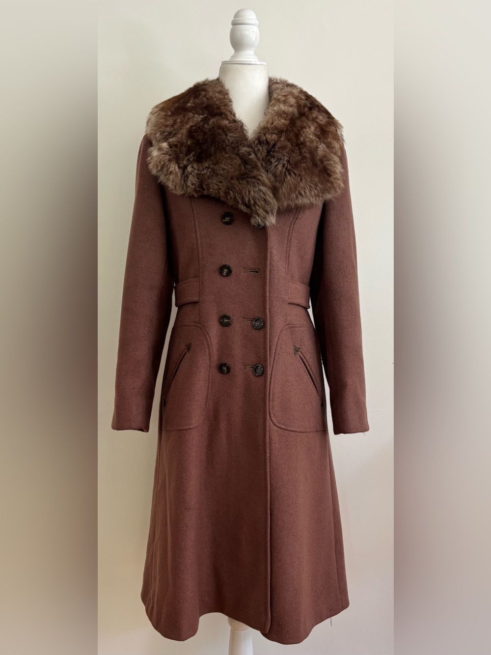 Vintage Jackie Stuart L.L. Berger Wool Coat Brown Fur Shawl Collar 1970s Small